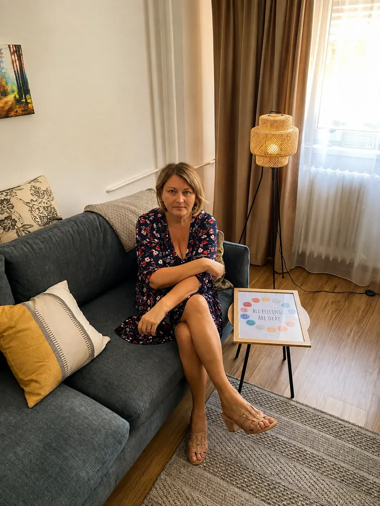 Iuliana Morlova pe canapeaua din cabinet